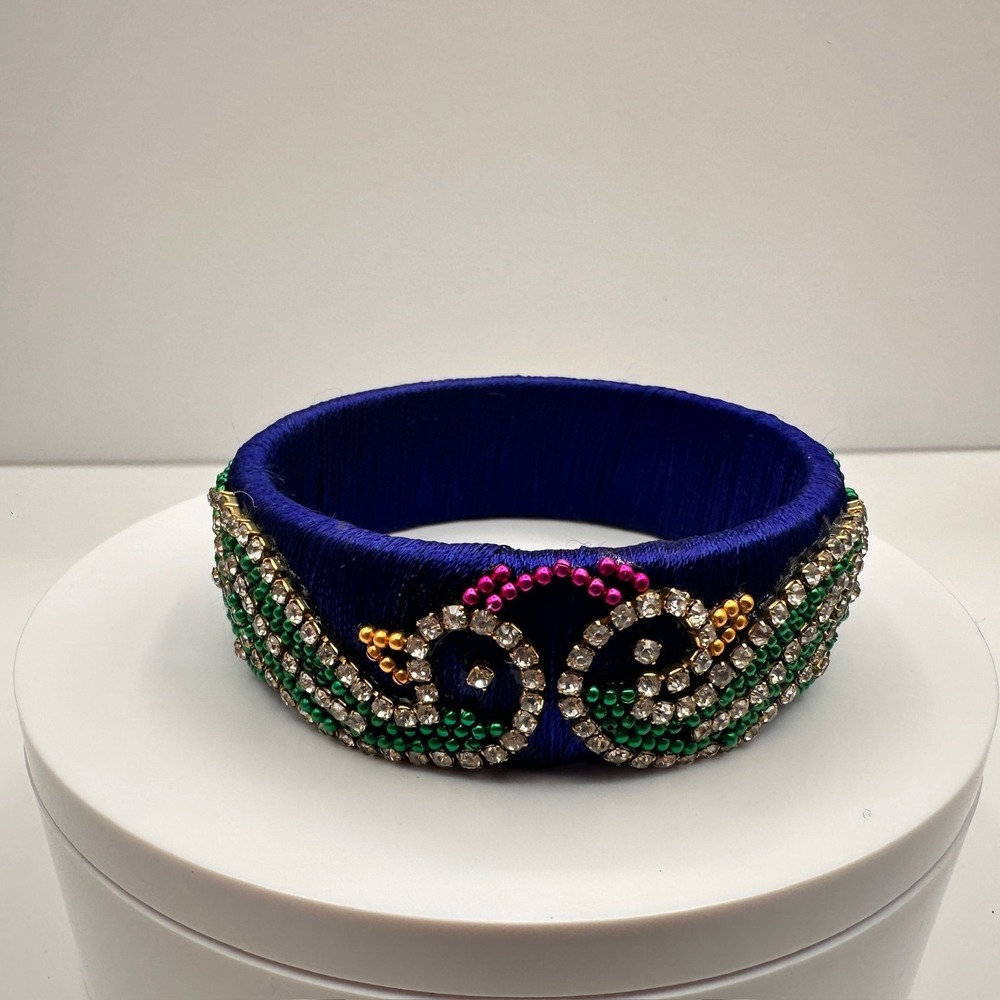 Vintage 90s Silk Thread Bangle Royal Blue Rhinestone Bracelet Bead Peacock Motif